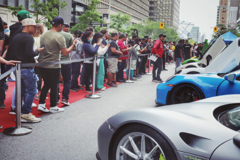 free-standing retractable barriers are managing crowds at a car exhibition to keep people in queue